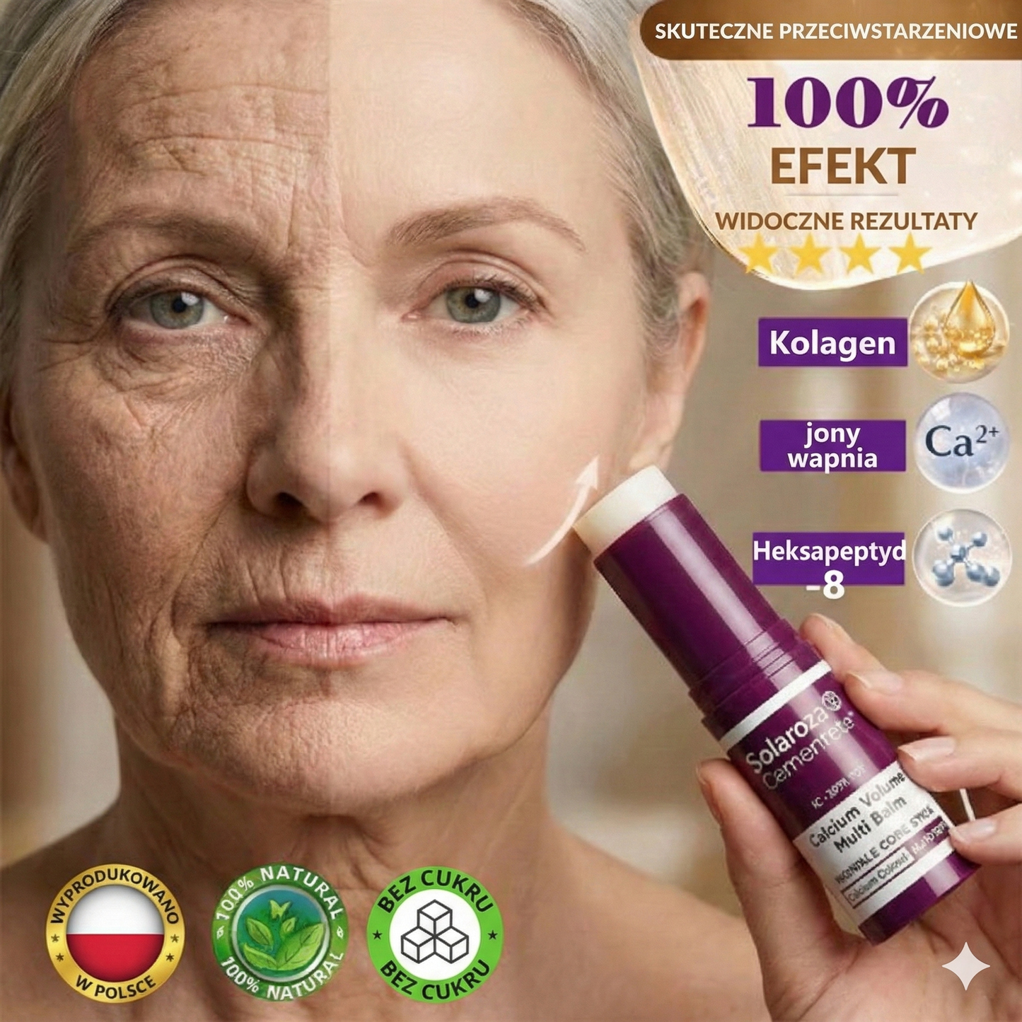 Bestsellerowy krem Solaroza @ Calcium Polycollagen Improvement Cream – zawiera jony wapnia, heksapeptyd-8 oraz ekstrakty z kolagenu roślinnego, które działają na zmarszczki, zapewniając szybką poprawę i 100% efekt przeciwstarzeniowy.